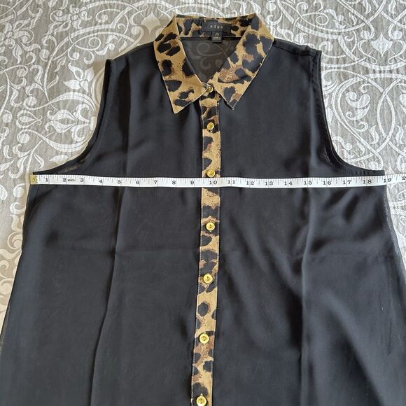 Edge Top Women M Black Leopard Gold Button Sheer Collar Office Party Maximalist - Picture 6 of 12